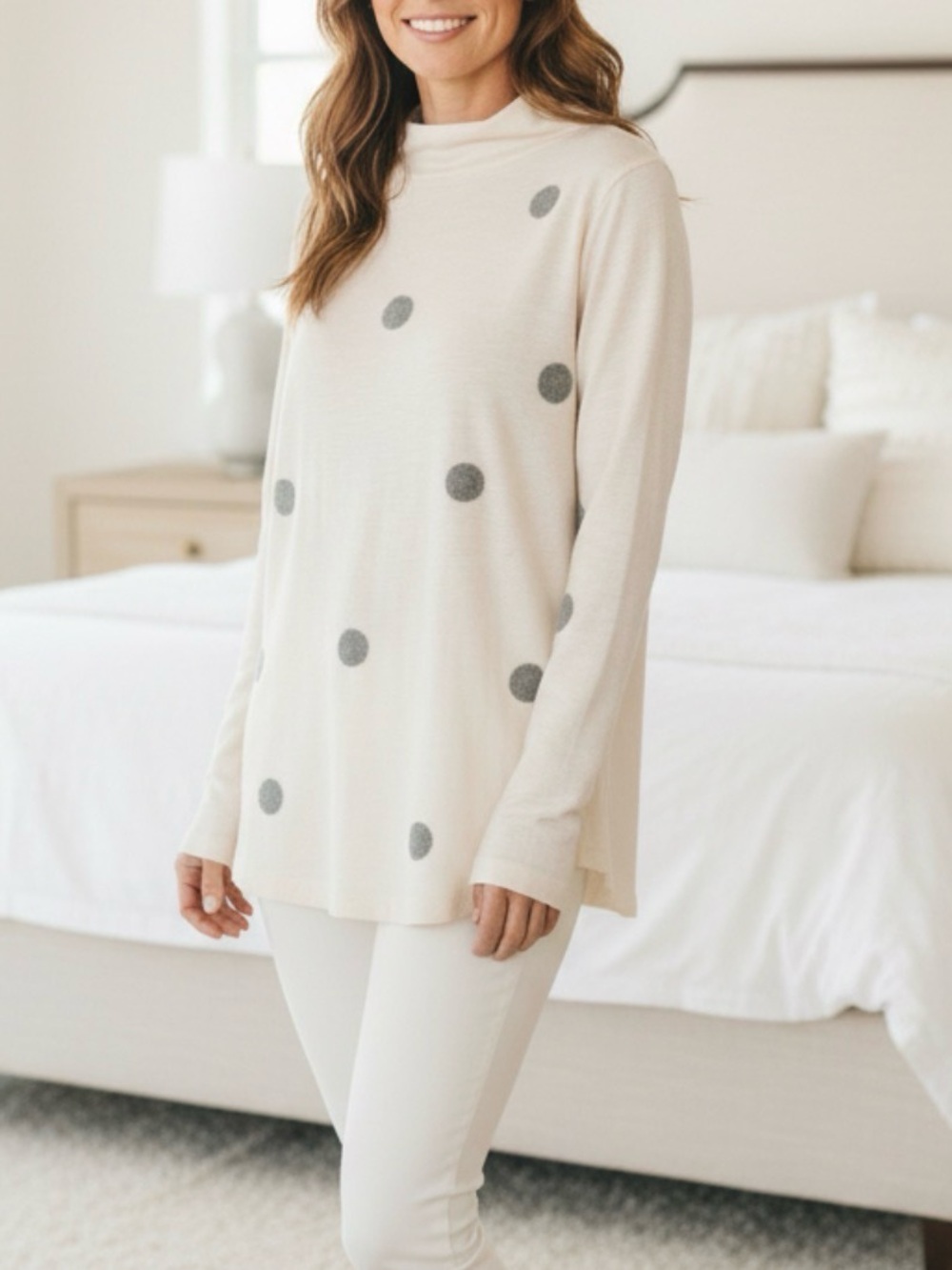 Loft Women’s Cotton Polka Dot Turtleneck Top Cream Size Medium